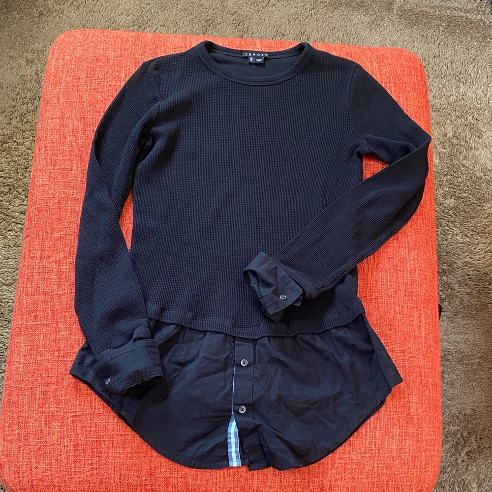 VTG 90βs THEORY Black Cotton Thermal Waffle Button Down Shirt Layer Top